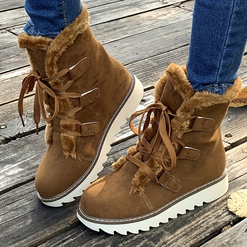 Women's Elegant Plush Lining Winter Boots - Thick Heel Mid-Calf Lace-Up Round Toe Boots with Faux Fur Collar, PU Cover-like Upper & Cushioned Insole, Warm Brown/Tan/Black/Pink/Beige - Casual & Formal Winter Shoes, Hand Wash o