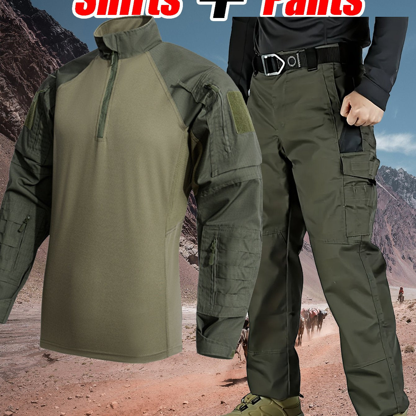 Men'S Tactical Clothing Long Sleeve Ripstop High Quality Clothing Combat Shirt and Pants Elbow Knee Pads with Zippered Compartments, Loose Fit All Season Hiking and Street Clothing - Machine Washable, No Strap Waist Belt, Tac