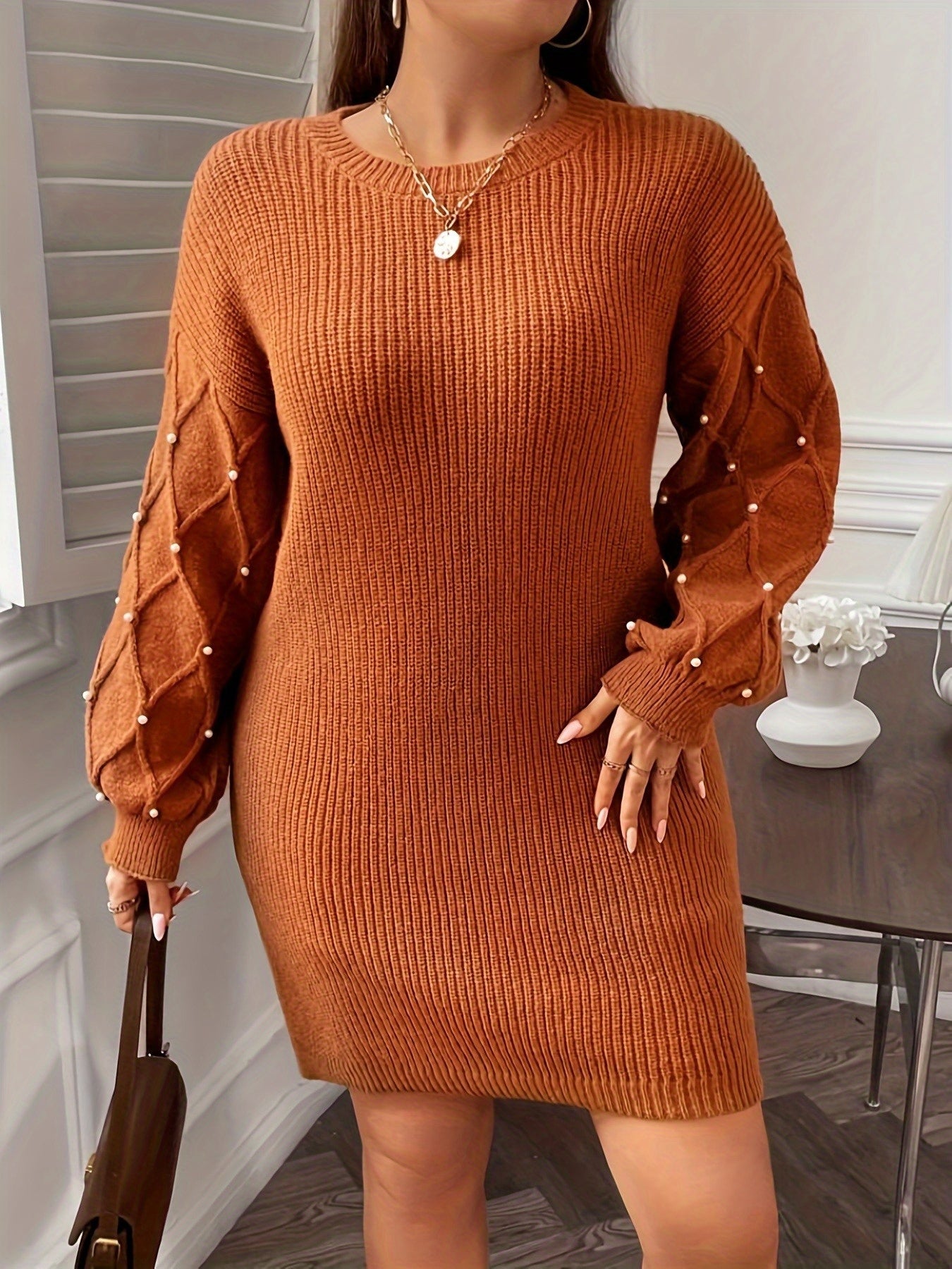 Plus Size - New Winter Collection Featuring a Beaded Round-Neck Sweater And a Bodycon Skirt, Perfect for European And American Office Wear.