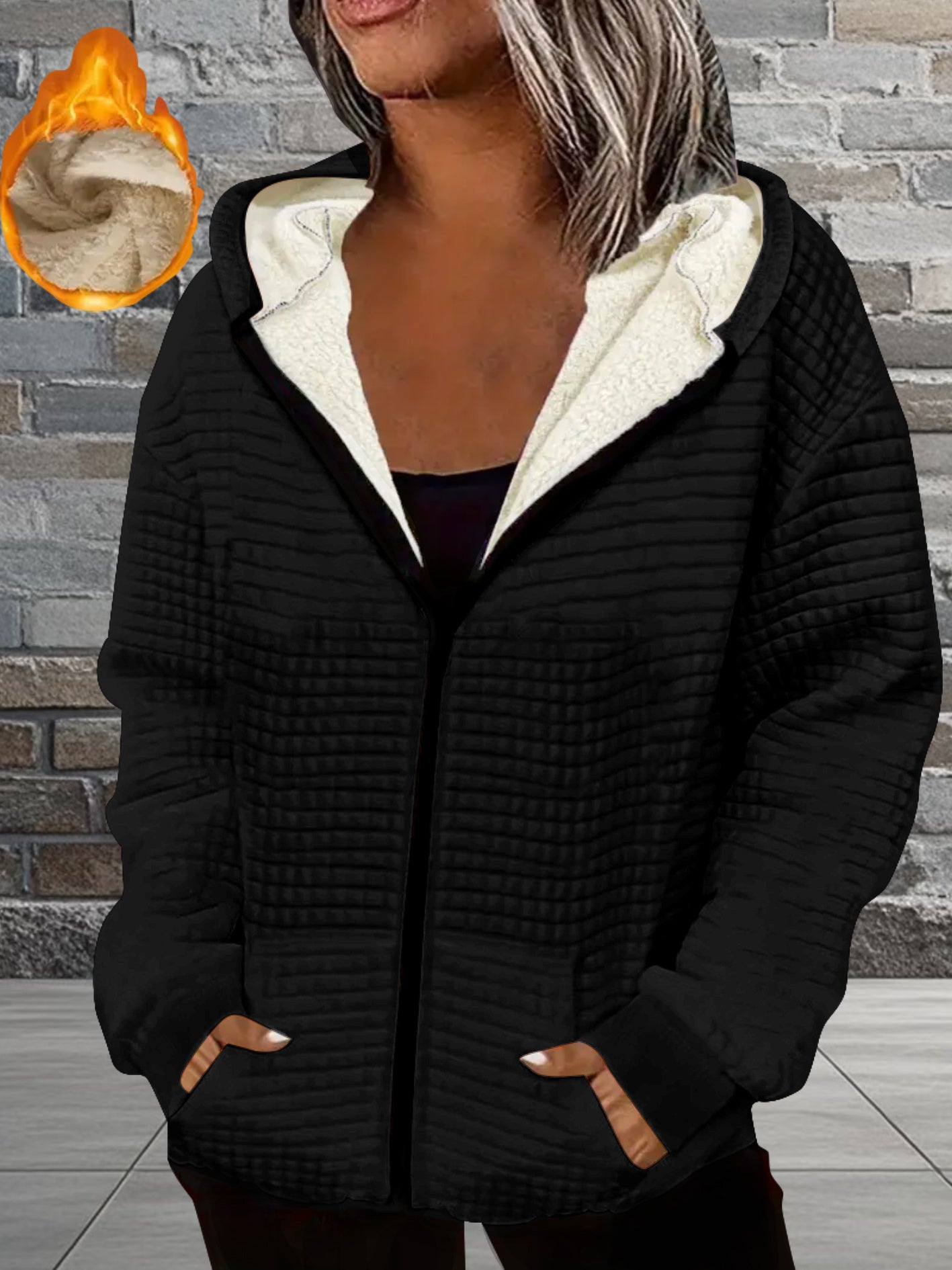 Women's Thick Full-Zip Hooded Jacket with " of God" Christian Lettering & Heart Design - Machine Washable Polyester Winter Coat, Casual Warm Outerwear for Church Events & Everyday Faith Expression, Geometric Pattern Waffle Te