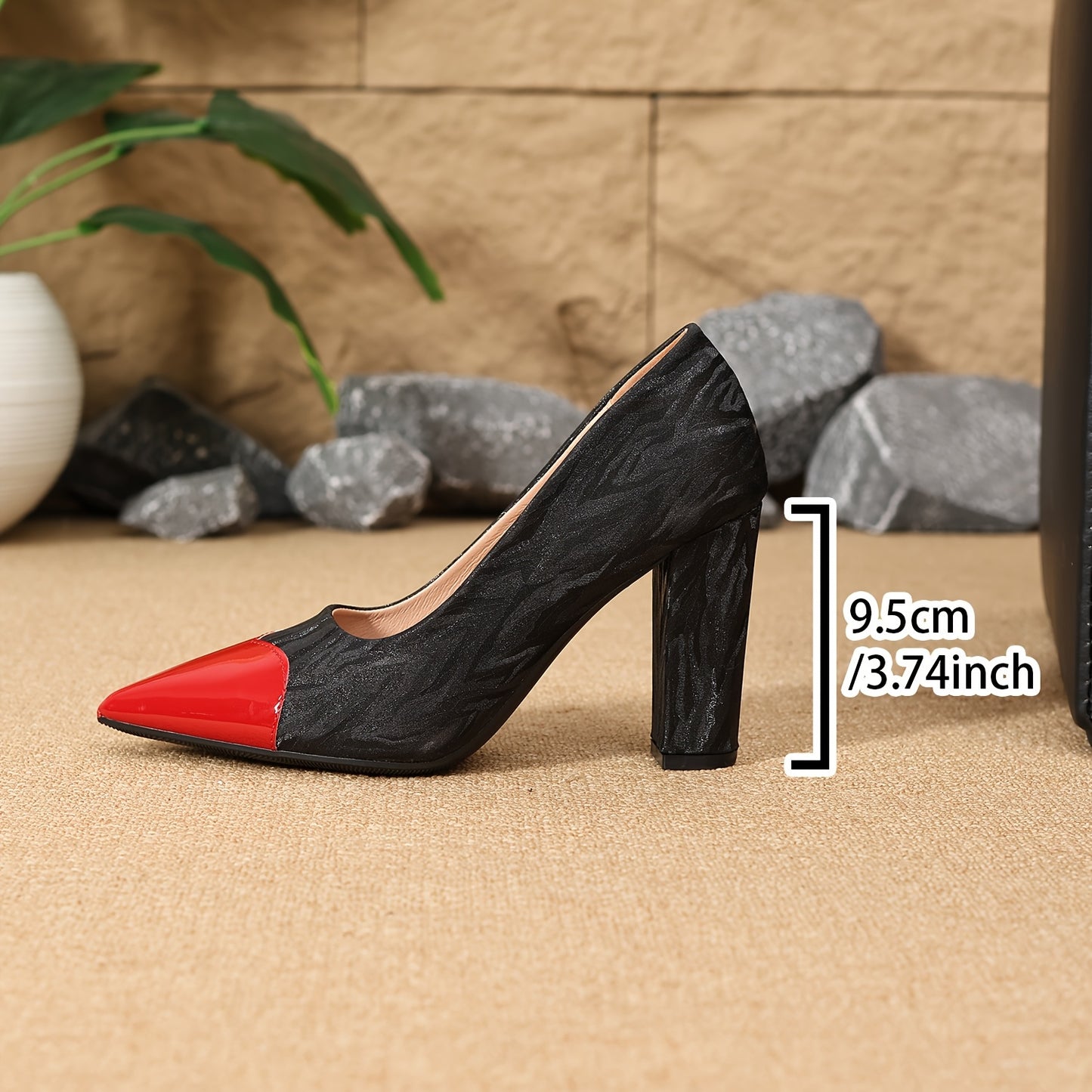 Women'S Elegant Pointed-Toe High Heels - Chunky Block Heel, Synthetic Cover, Comfortable & Stylish for Parties, Dates, and Formal Events, Red & Black, All-Season Wear, Formal Footwear | Elegant Heel Design | Synthetic Cover S