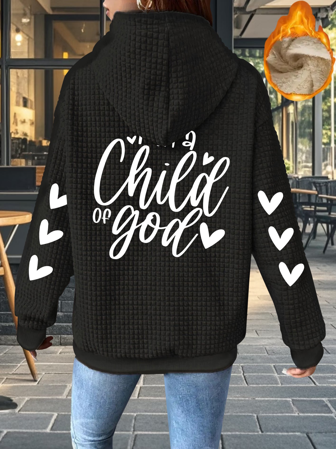 Women's Thick Full-Zip Hooded Jacket with " of God" Christian Lettering & Heart Design - Machine Washable Polyester Winter Coat, Casual Warm Outerwear for Church Events & Everyday Faith Expression, Geometric Pattern Waffle Te