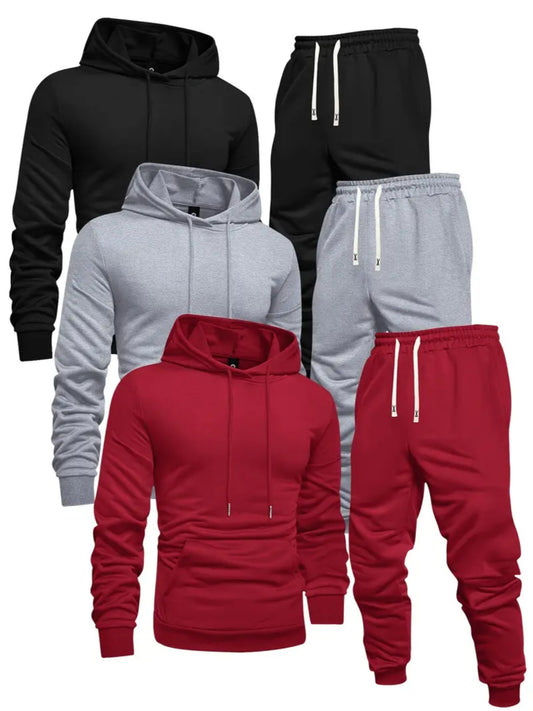 6pcs Men's Solid Color Hooded Sweatshirt & Jogger Pants Set - Thermal Matching Tracksuit with Pockets, Elastic Waistband for Gym, Outdoor, Yoga,, Winter/Spring/Autumn Training Suit (Casual Athleisure Wear)