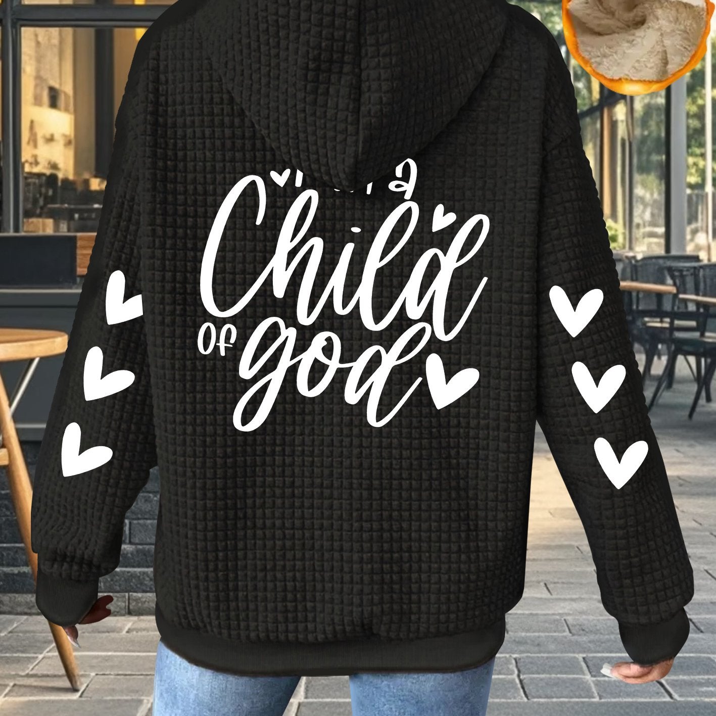 Women's Thick Full-Zip Hooded Jacket with " of God" Christian Lettering & Heart Design - Machine Washable Polyester Winter Coat, Casual Warm Outerwear for Church Events & Everyday Faith Expression, Geometric Pattern Waffle Te