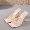 Women's Rhinestone-Adorned High-Heel Slip-Resistant Square Toe Mules - Sparkling PU Cover-like TPU & Rubber Sole, Glittering Party Shoes with Arch, Comfortable Elegant Dress Shoes for Women (Shimmering Rhinestone-Encrusted, S