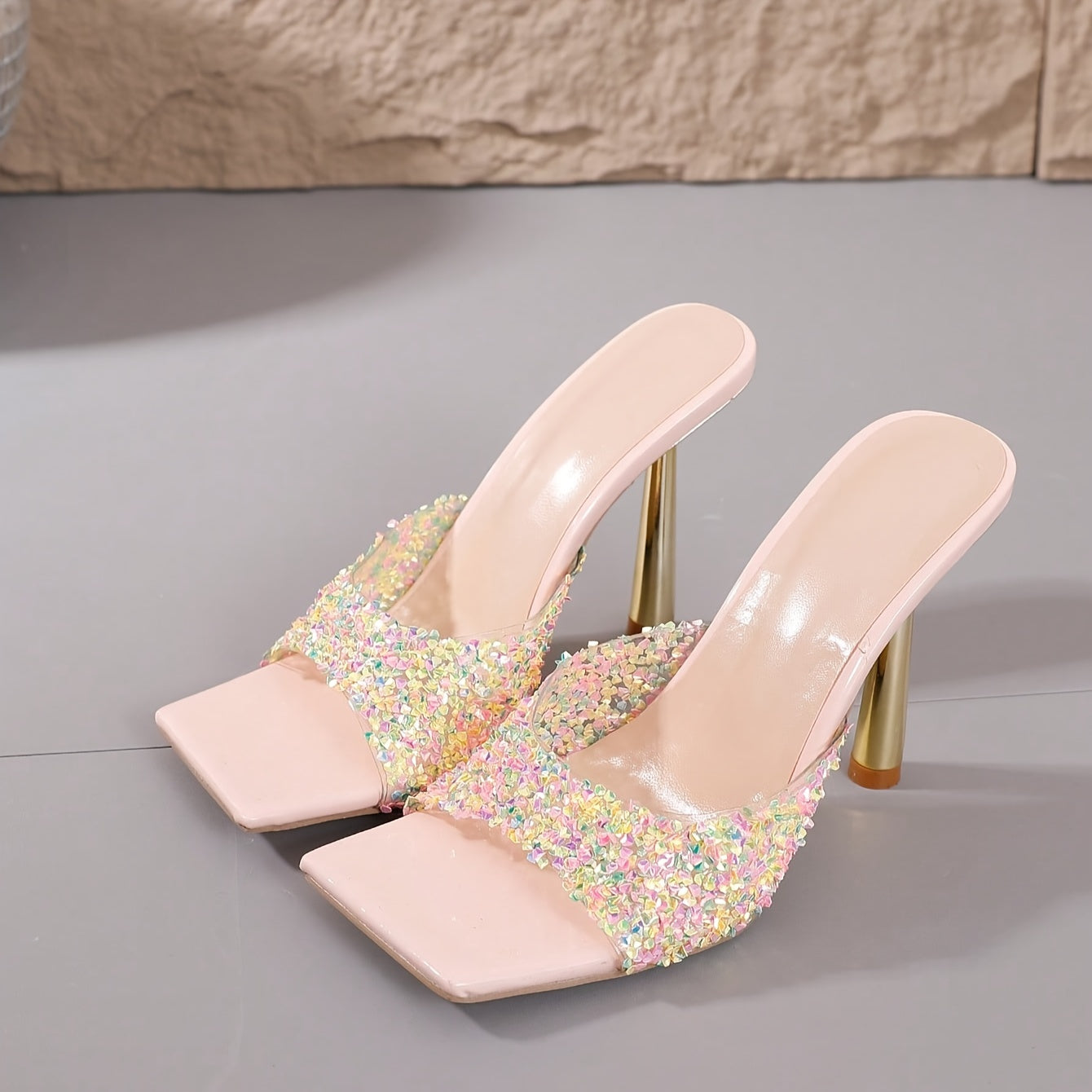 Women's Rhinestone-Adorned High-Heel Slip-Resistant Square Toe Mules - Sparkling PU Cover-like TPU & Rubber Sole, Glittering Party Shoes with Arch, Comfortable Elegant Dress Shoes for Women (Shimmering Rhinestone-Encrusted, S