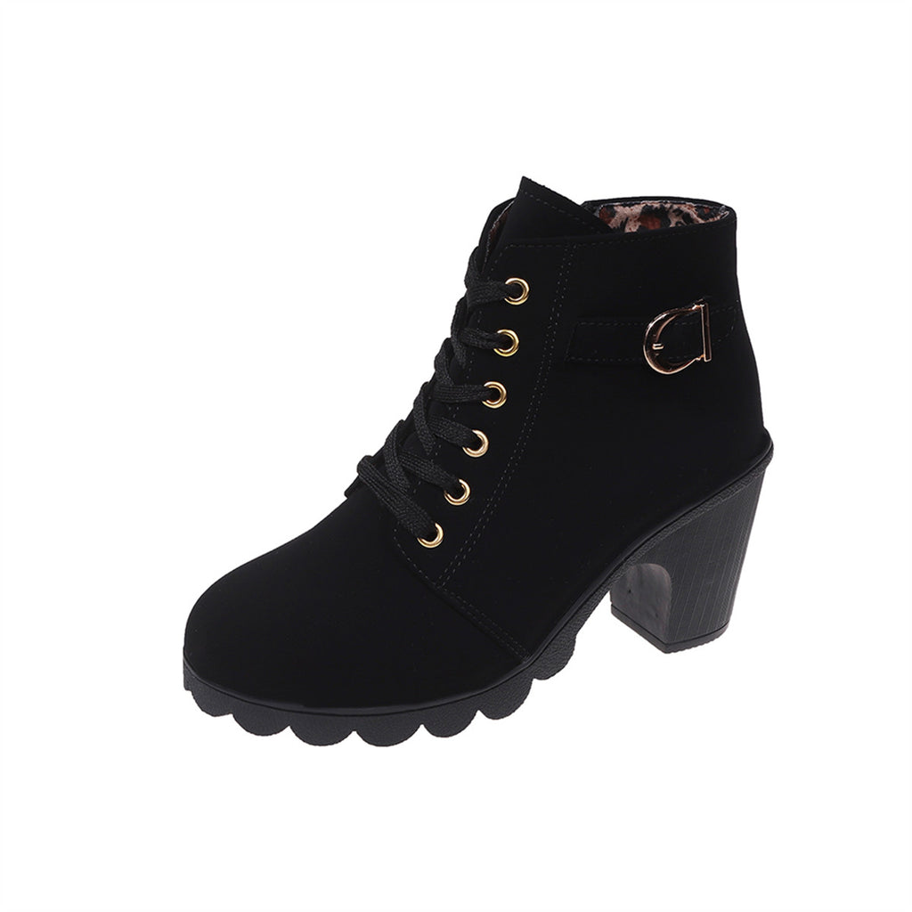 Women's Chunky Heel Ankle Boots - Black Faux Cover Lace-Up Side Zipper Booties with Golden Accents, Cap Toe & Comfortable Block Heel for Casual Outings