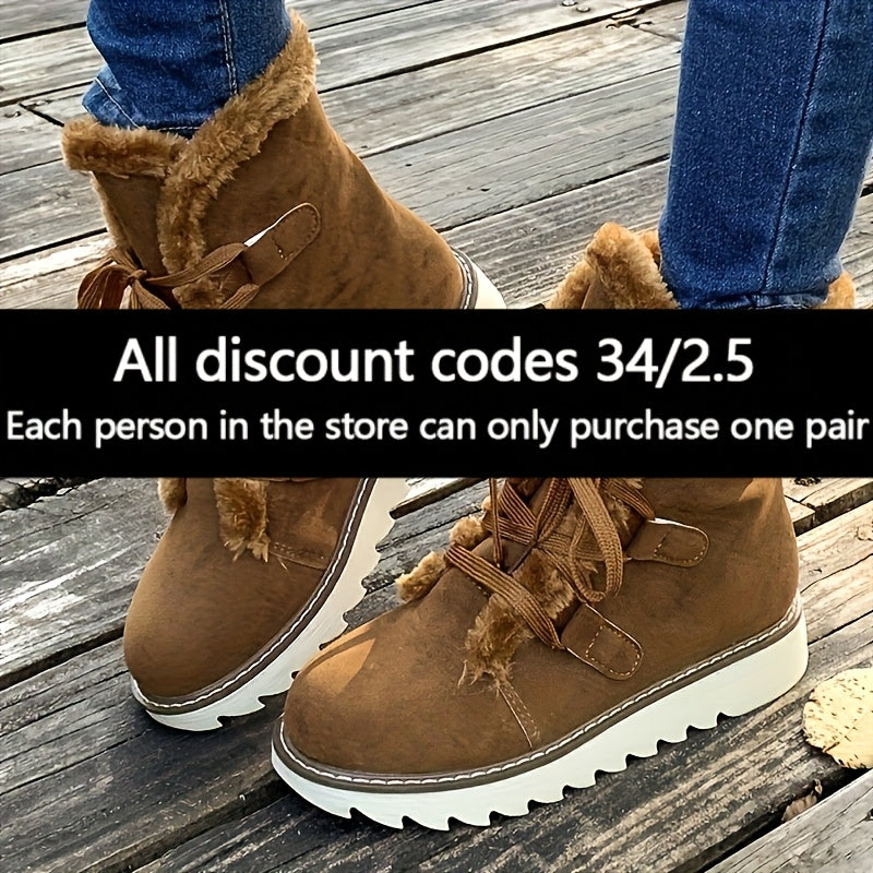 Women's Elegant Plush Lining Winter Boots - Thick Heel Mid-Calf Lace-Up Round Toe Boots with Faux Fur Collar, PU Cover-like Upper & Cushioned Insole, Warm Brown/Tan/Black/Pink/Beige - Casual & Formal Winter Shoes, Hand Wash o