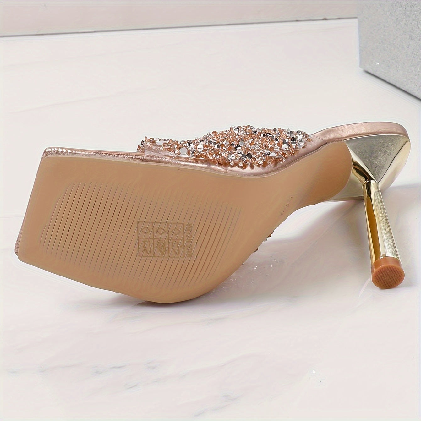 Women's Rhinestone-Adorned High-Heel Slip-Resistant Square Toe Mules - Sparkling PU Cover-like TPU & Rubber Sole, Glittering Party Shoes with Arch, Comfortable Elegant Dress Shoes for Women (Shimmering Rhinestone-Encrusted, S