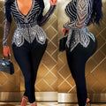 Valentine's Day, Date Night Outfit, Gifts for Her, Women's Glamorous Black Jumpsuit - Deep V - Neck, Long Sheer Sleeves, Crystal - Embellished, Ideal for Party And Special Occasions