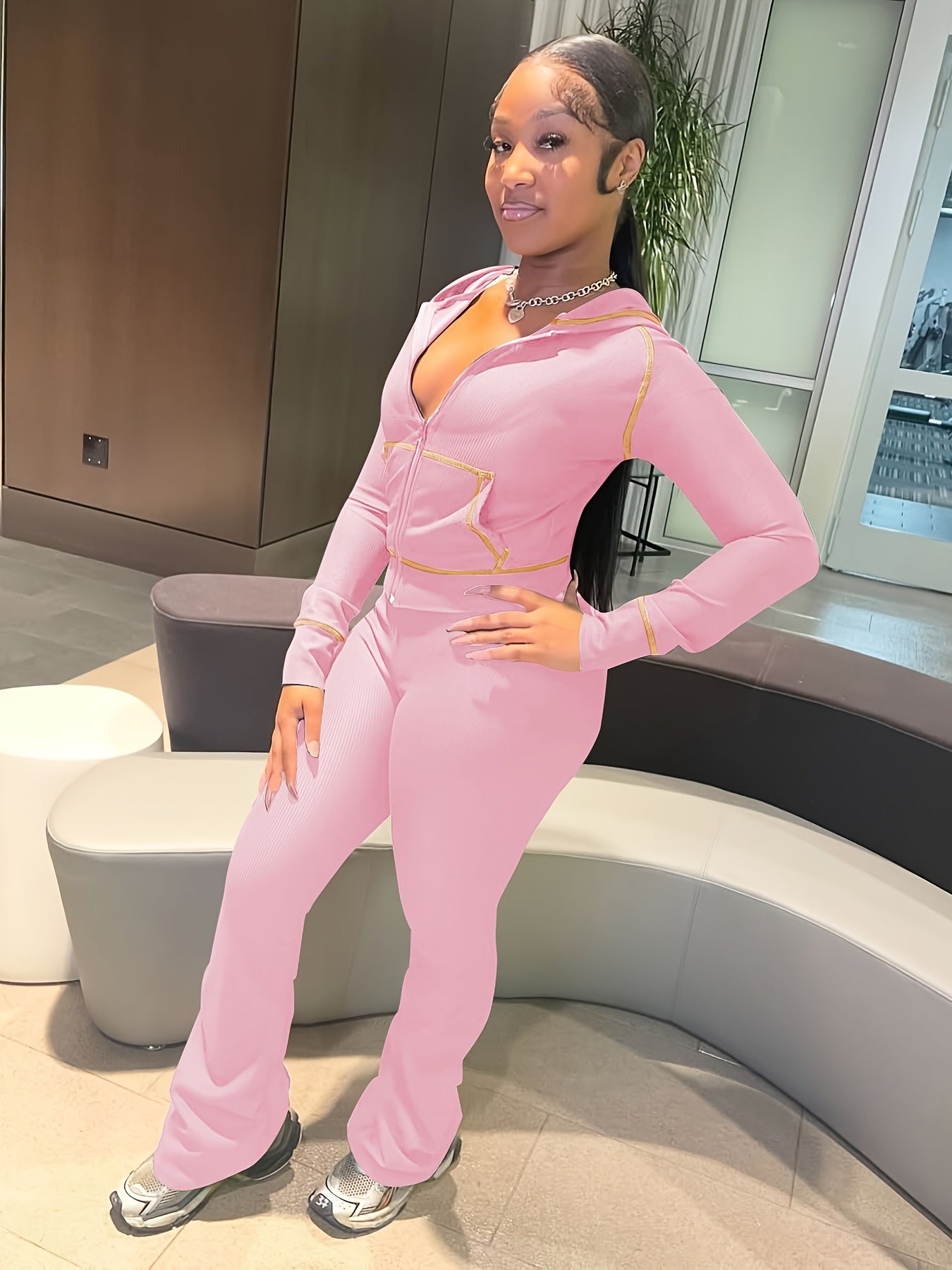 Womens Outfit 2pcs Lounge Hoodie Flare Pant Sets, Weekend Outfit, Sporty Look, Easy Care, Breathable Material, Comfy Clothing, Women's Fashion