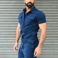 New Men Pants Casual One-piece Suit Spring Summer Men Fashion Jumpsuits Short Sleeve Belt  Men Clothing Solid Jumpsuits