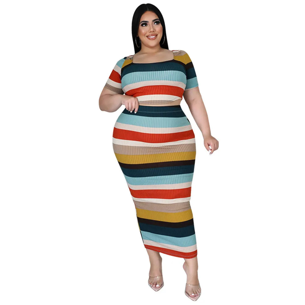 New Plus Size Ribbing Two Piece Set Women Fall Clothes Striped Short Sleeve Crop Top Skirts Sets Stretch Wholesale Dropshipping
