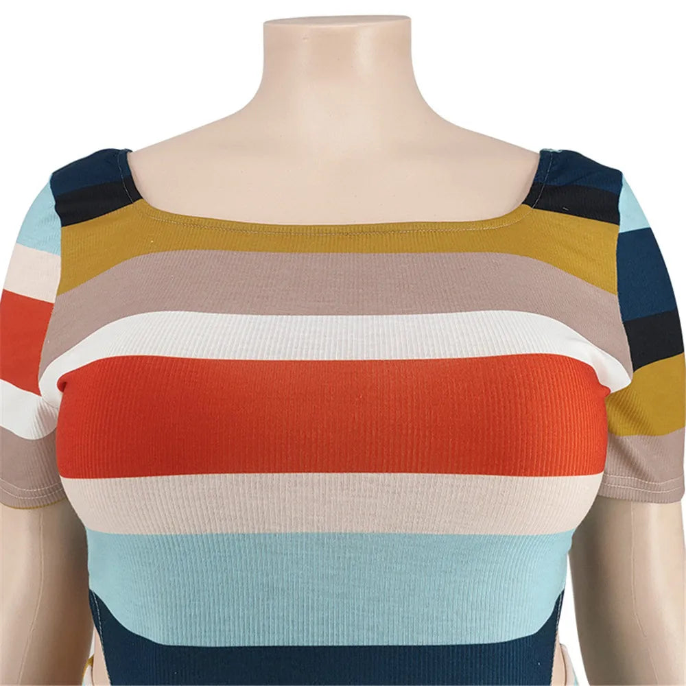 New Plus Size Ribbing Two Piece Set Women Fall Clothes Striped Short Sleeve Crop Top Skirts Sets Stretch Wholesale Dropshipping