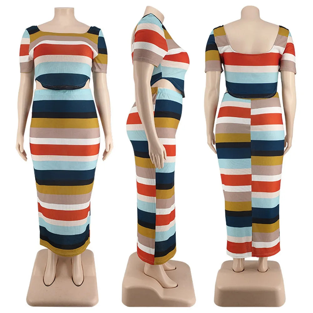 New Plus Size Ribbing Two Piece Set Women Fall Clothes Striped Short Sleeve Crop Top Skirts Sets Stretch Wholesale Dropshipping