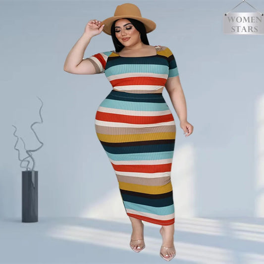 New Plus Size Ribbing Two Piece Set Women Fall Clothes Striped Short Sleeve Crop Top Skirts Sets Stretch Wholesale Dropshipping