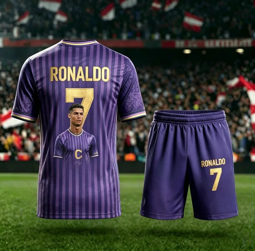 2026 Summer New # 7 Cristiano Ronaldo Short Sleeved AI Red Purple Football Shirt Adult Children Fashion Casual Large Sports Set