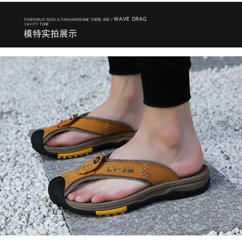 Genuine Cow Leather Shoes Men Sandals Mens Flip Flops Men's Casual Shoes Classic Massage Beach Slippers Anti-slip Summer 2021