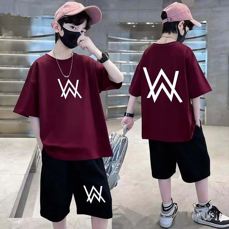 Summer Teenager Boys Clothing Set Cotton Letter Short Sleeve T-shirt Shorts 2Pc For 4-14Years Kids Fashion Outfits Children Suit