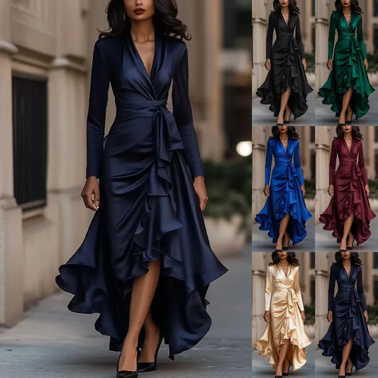 Annual Meeting Long-Sleeved Women V-Neck Dress Satin Ruffle Dress Elegant Evening Gown Mermaid Skirt for Banquets