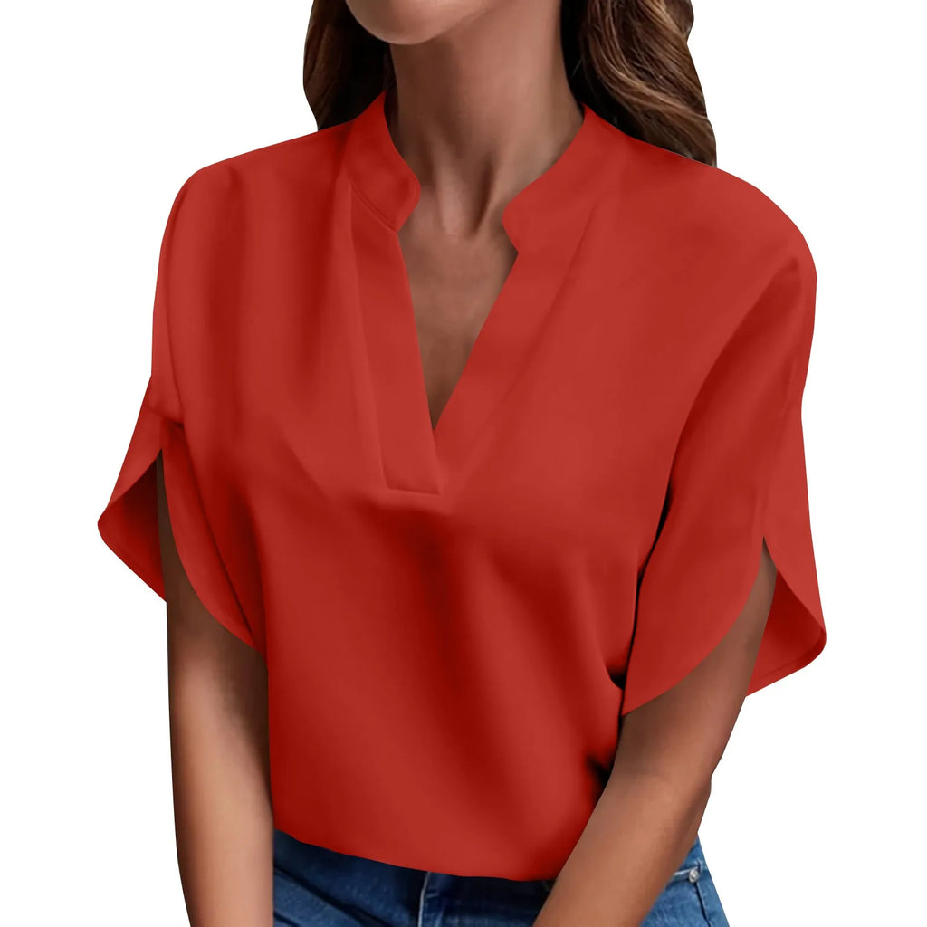 Summer Tops For Women Blouse 2024 Fashion Short Sleeve Solid V Neck Loose Shirts And Blouses Elegant Laies White Tops