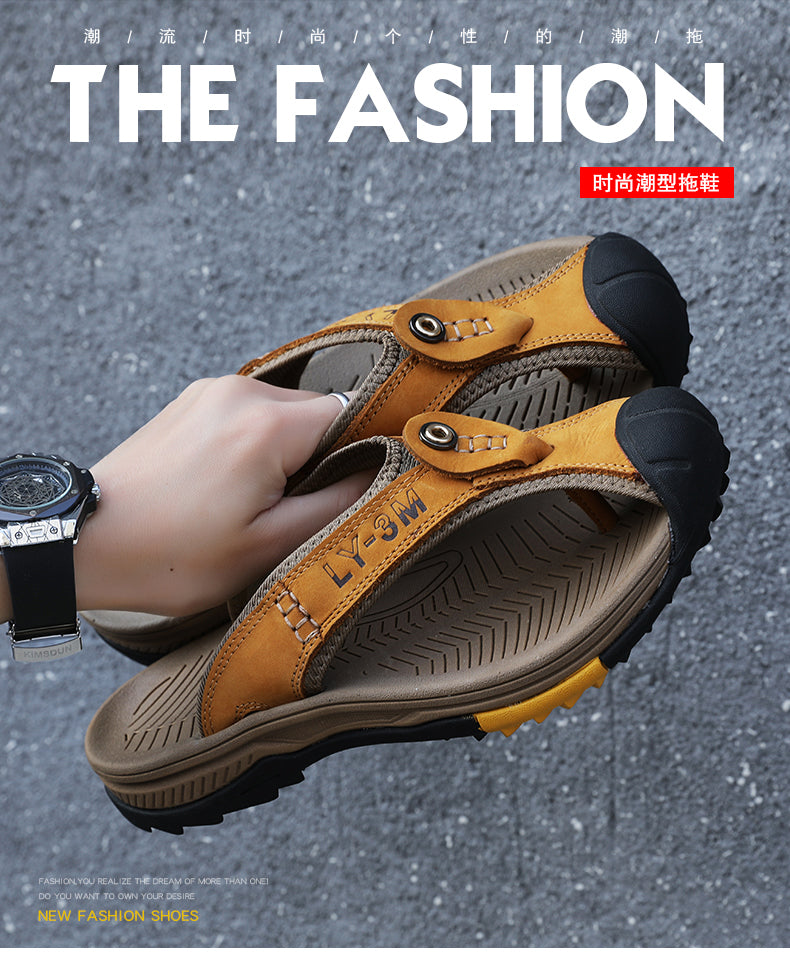 Genuine Cow Leather Shoes Men Sandals Mens Flip Flops Men's Casual Shoes Classic Massage Beach Slippers Anti-slip Summer 2021