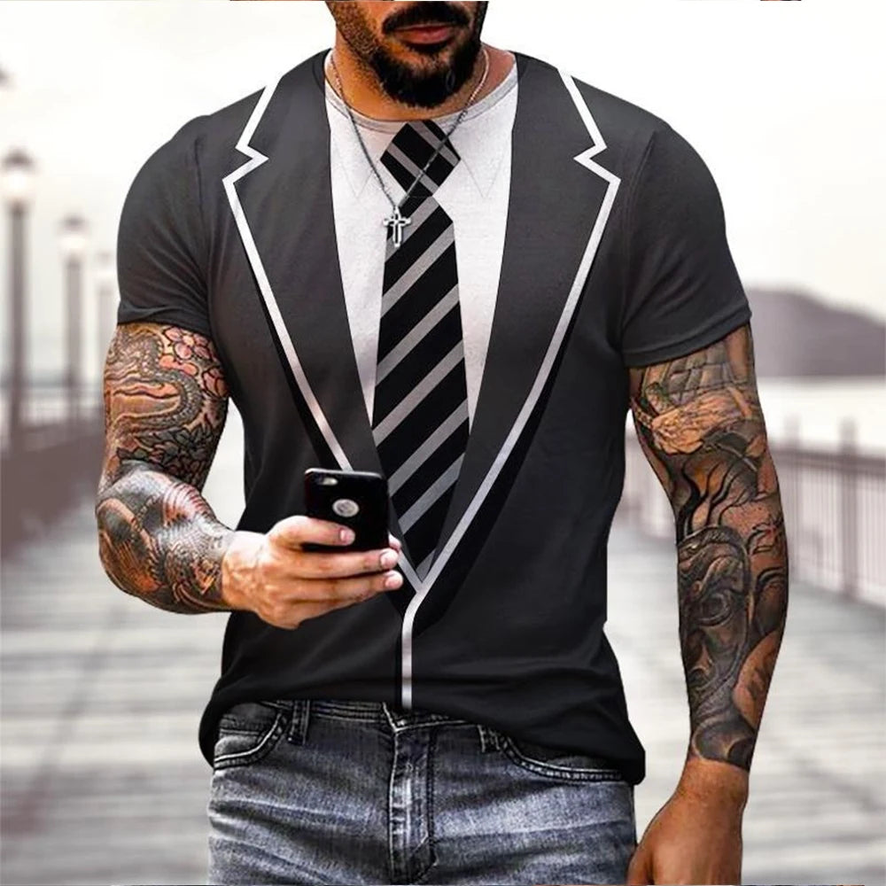Summer fashion funny fake suit 3D printed T-shirt tailcoat tie T-shirt men's street short sleeved T-shirt