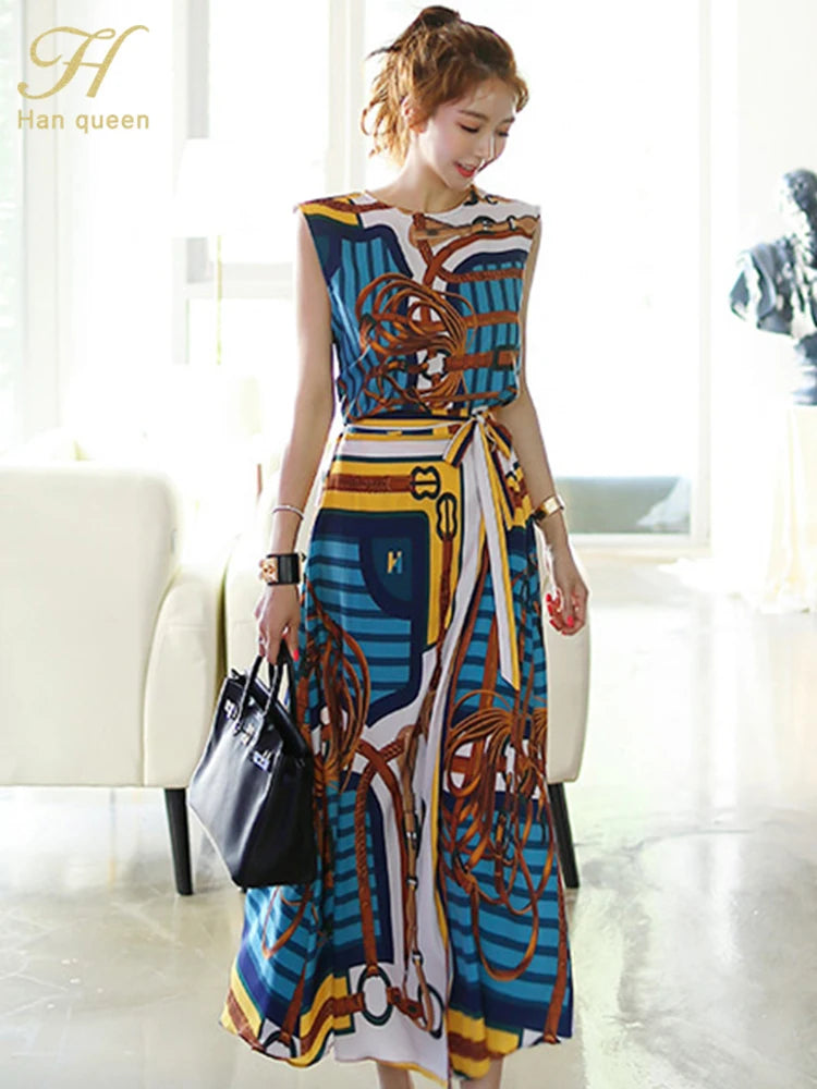 H Han Queen Hot Sales Korean Women's Summer Sexy Prints Work 2 Pieces Set Sleeveless Tops & A-Line Long Skirt Korean Skirt Suit