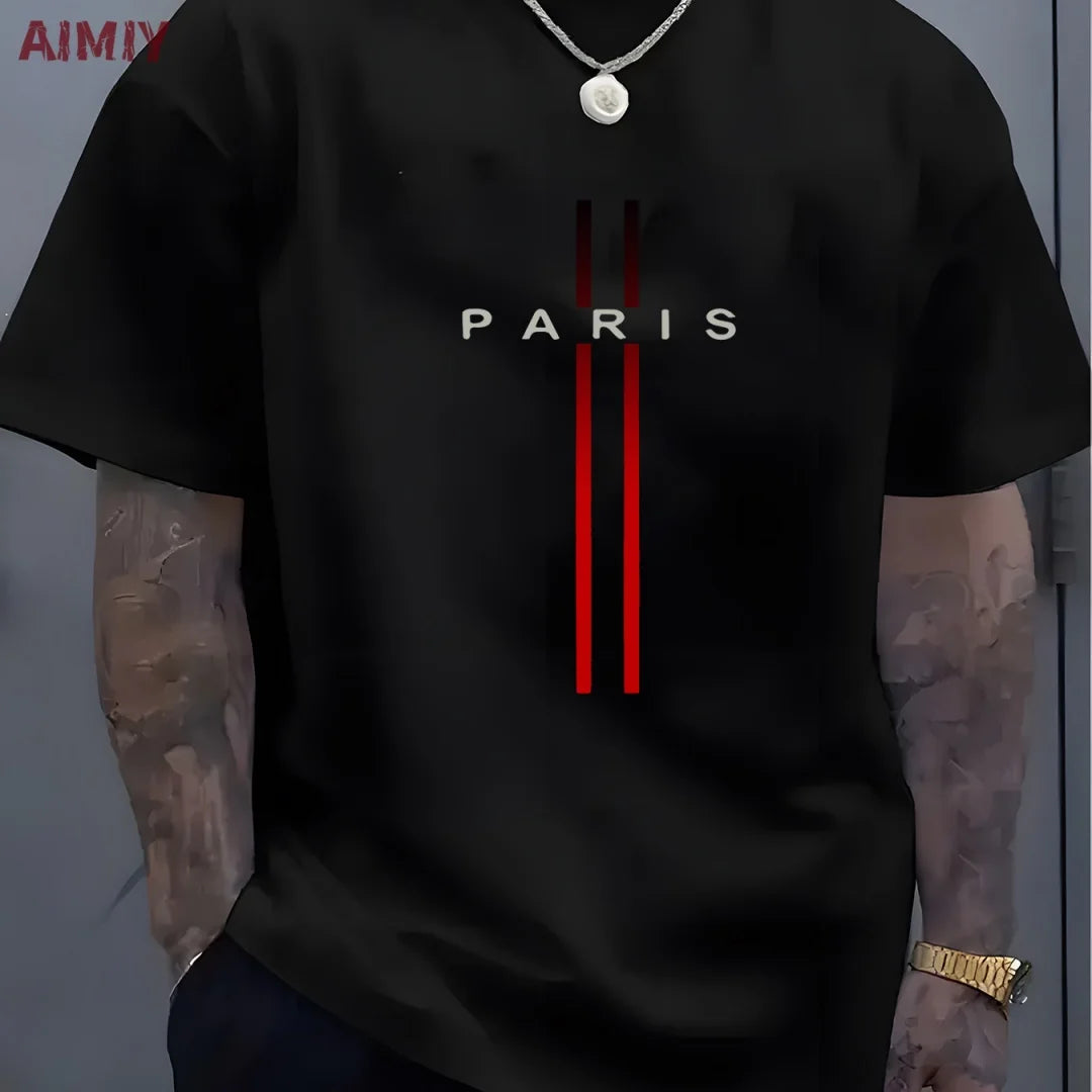 Summer Men's T-shirt Top Casual Loose Fit Oversized T-shirt PARI Letter Pattern Printed Round Neck Short Sleeved Homme Vêtement