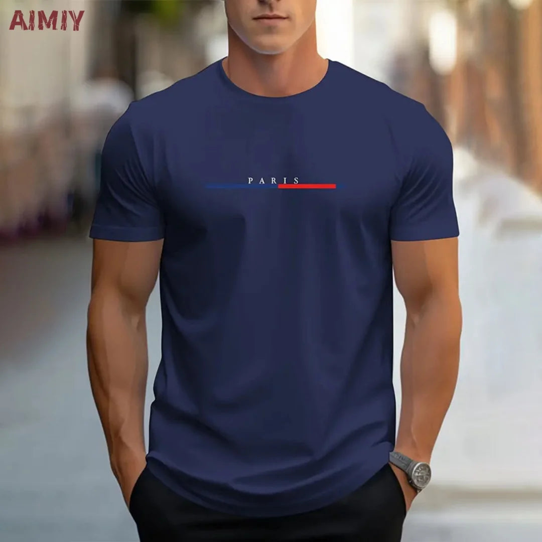 Summer Men's T-shirt Top Casual Loose Fit Oversized T-shirt PARI Letter Pattern Printed Round Neck Short Sleeved Homme Vêtement