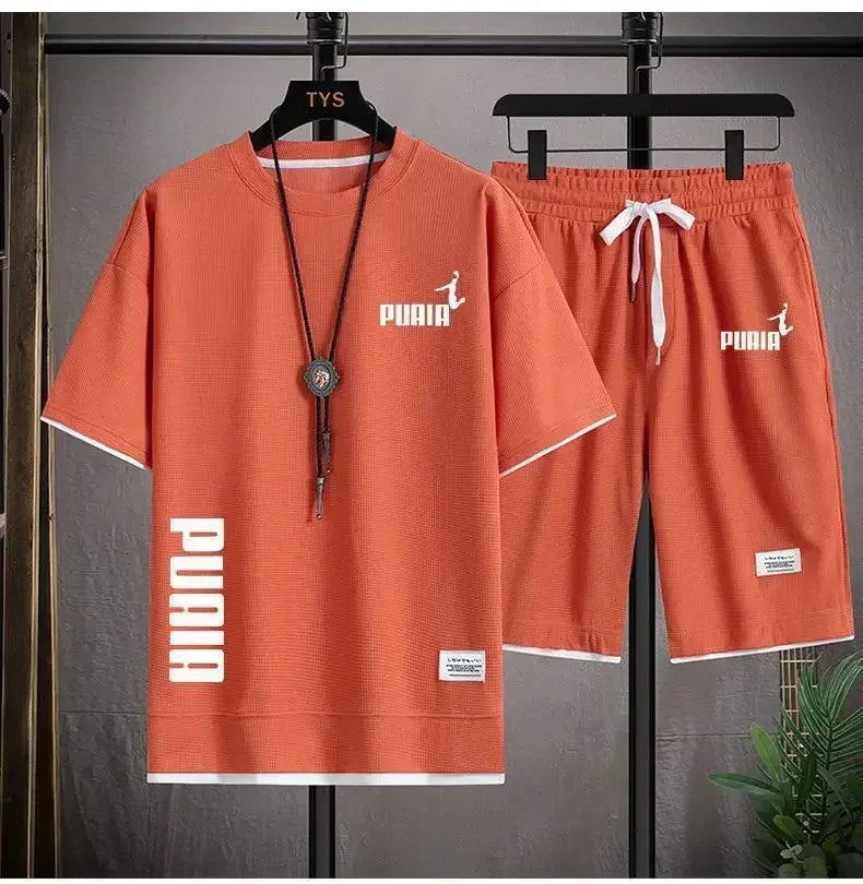 2026 new men's summer clothing, quick drying, breathable, elastic, short sleeves + short pants, two-piece set, a combination of
