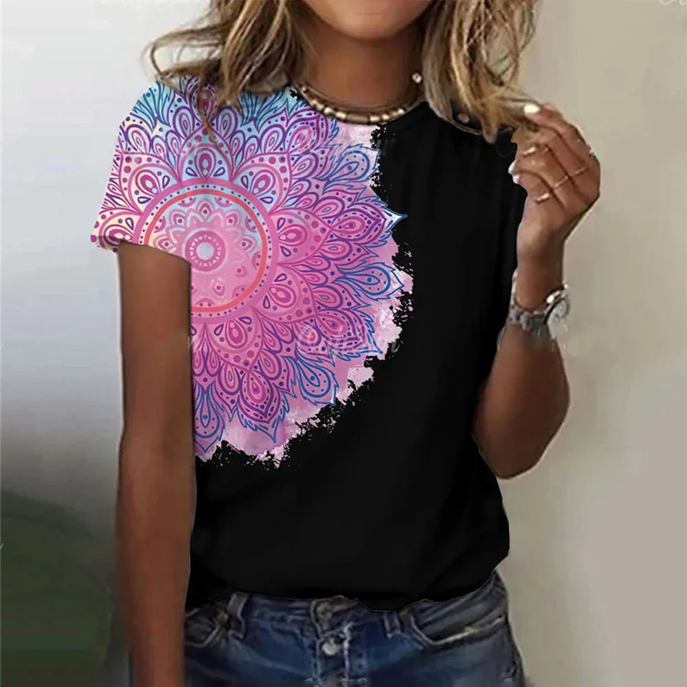 Summer Women Clothing T-shirt Crewneck Top Casual Comfort Short Sleeve Vintage Print Loose Breathable Clothing Women's T-shirt