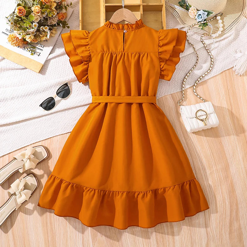Kids Dress For Girls Brown Ruched Neckline Tiered Wing-Sleeve Belted Ruffled Dress 8-12 Years Summer Birthday Party Baptism Gown