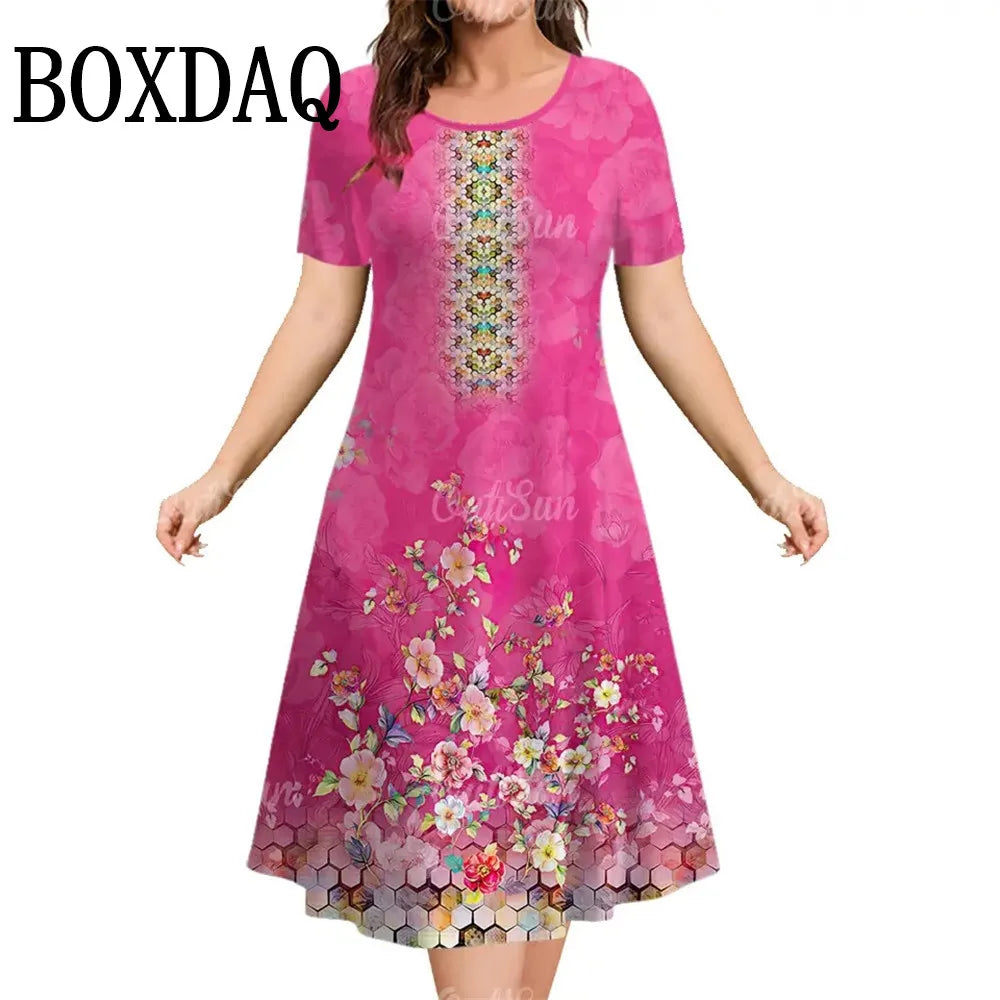 Summer Short Sleeve Clothing Colorful Print Women's Dresses 2025 Casual Fashion Plus Size Loose Pullover Elegant Dress For Woman