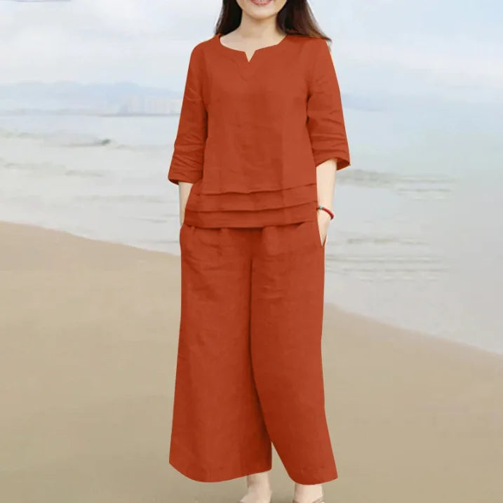 Women Pantsuit Women's 2PCS V Neck Three Quarter Sleeve Top Wide Leg Pants Set with Loose Fit Soft Solid for Comfortable 2025