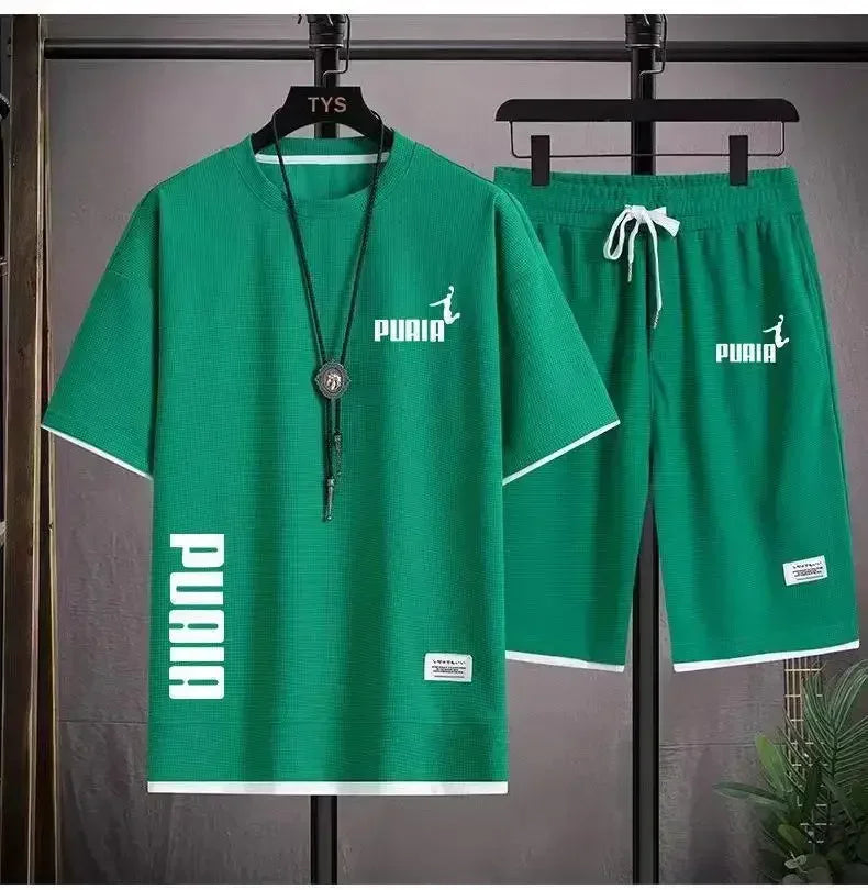 2026 new men's summer clothing, quick drying, breathable, elastic, short sleeves + short pants, two-piece set, a combination of