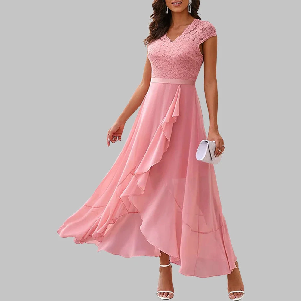 Women Evening Party Dress Summer Elegant Fashion Sleeveless Lace Spliced Chiffon Ruffled Irregular Hem Cocktail Long Dresses