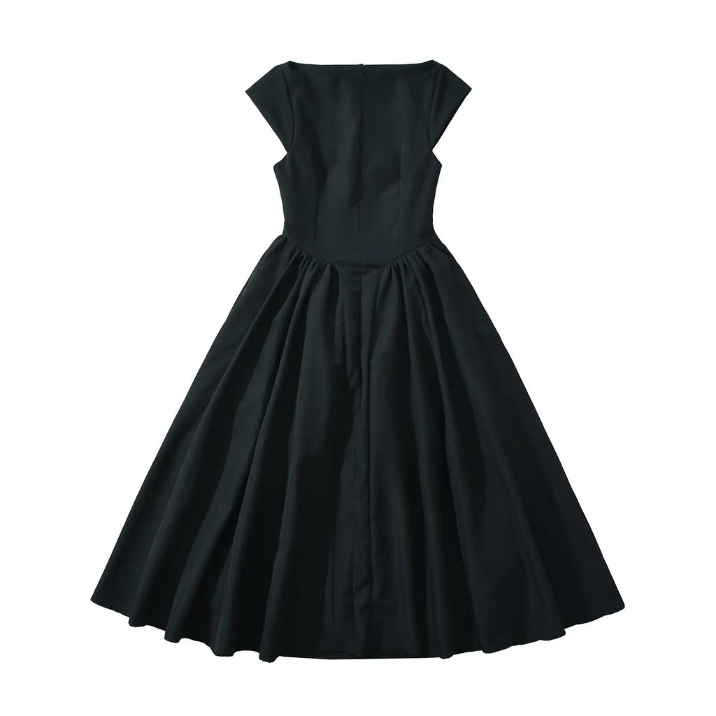 YENKYE High Street Women Sexy Backless Pleated Swing A-line Midi Dresses Short Sleeve Low Waist Elegant Party Dress Black Robe