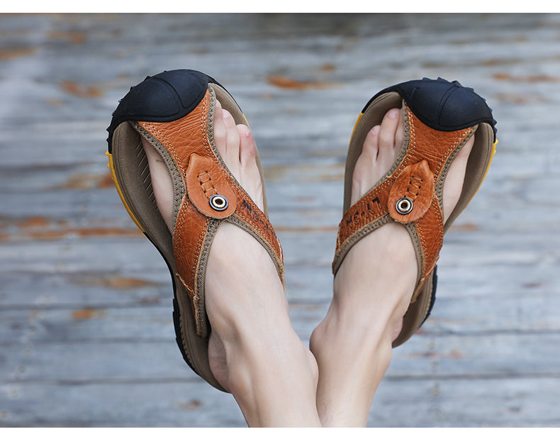Genuine Cow Leather Shoes Men Sandals Mens Flip Flops Men's Casual Shoes Classic Massage Beach Slippers Anti-slip Summer 2021