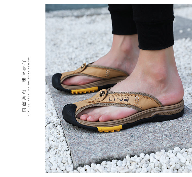 Genuine Cow Leather Shoes Men Sandals Mens Flip Flops Men's Casual Shoes Classic Massage Beach Slippers Anti-slip Summer 2021