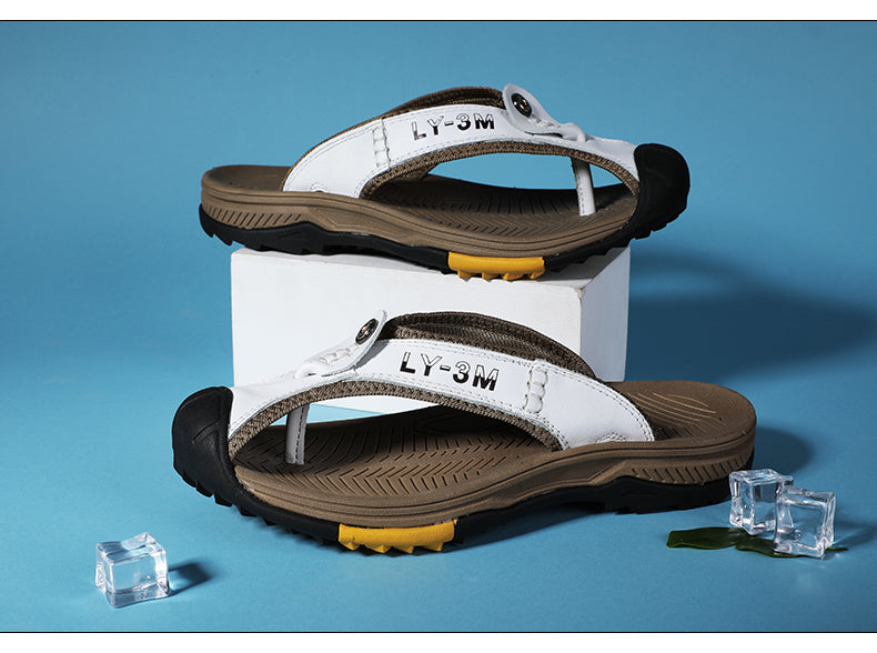 Genuine Cow Leather Shoes Men Sandals Mens Flip Flops Men's Casual Shoes Classic Massage Beach Slippers Anti-slip Summer 2021