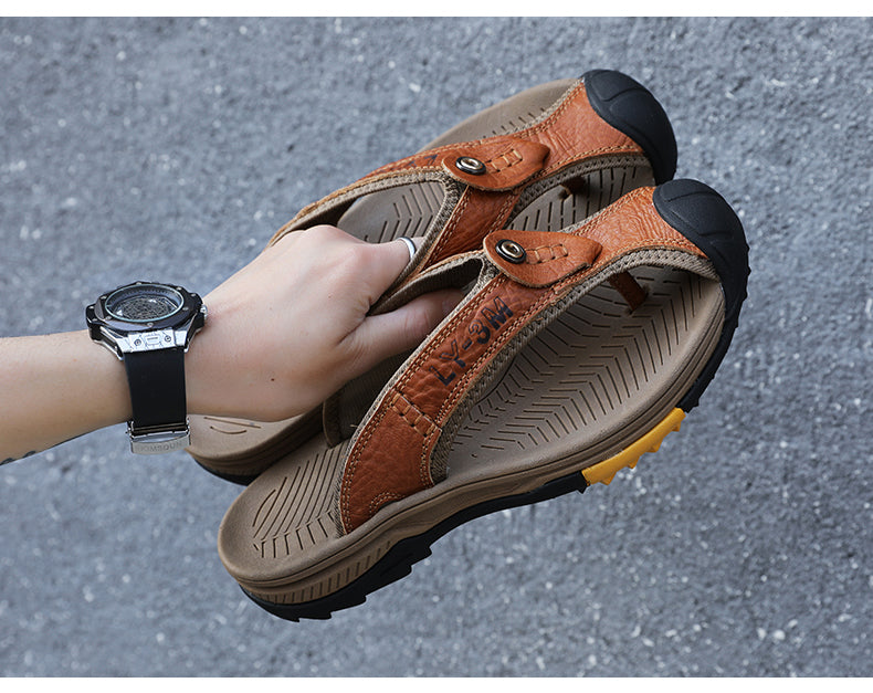 Genuine Cow Leather Shoes Men Sandals Mens Flip Flops Men's Casual Shoes Classic Massage Beach Slippers Anti-slip Summer 2021