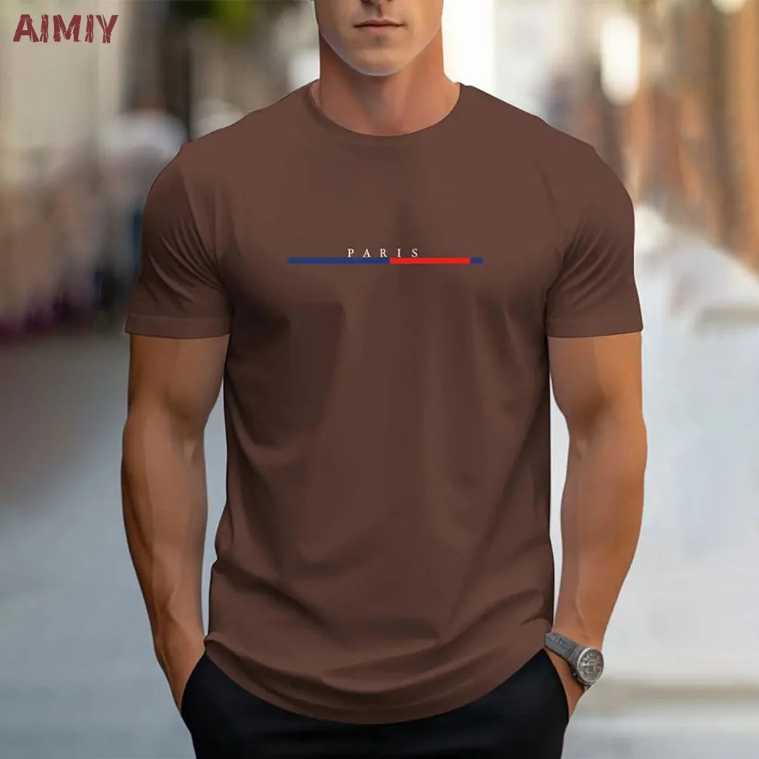 Summer Men's T-shirt Top Casual Loose Fit Oversized T-shirt PARI Letter Pattern Printed Round Neck Short Sleeved Homme Vêtement
