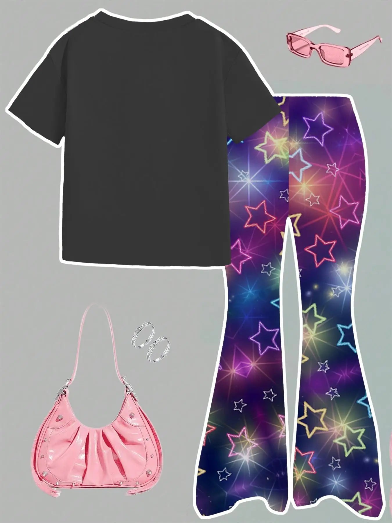Girls 2-Piece 2026 Concert Outfit – Black Graphic T-Shirt & Neon Star Print Flared Pants Set for Kids