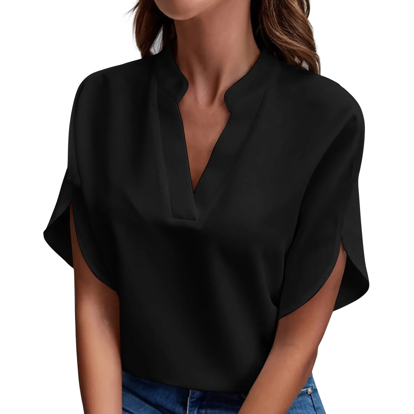Summer Tops For Women Blouse 2024 Fashion Short Sleeve Solid V Neck Loose Shirts And Blouses Elegant Laies White Tops