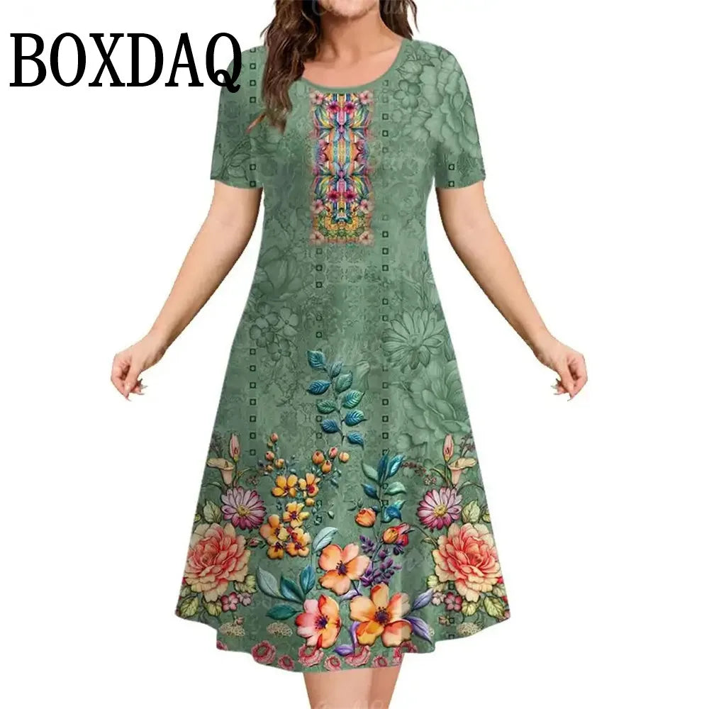 Summer Short Sleeve Clothing Colorful Print Women's Dresses 2025 Casual Fashion Plus Size Loose Pullover Elegant Dress For Woman