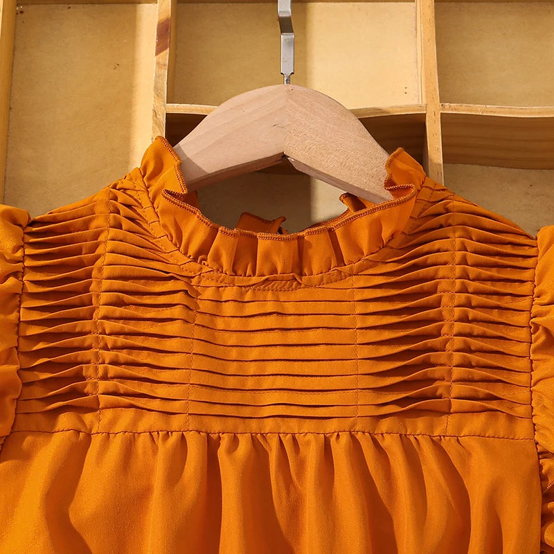 Kids Dress For Girls Brown Ruched Neckline Tiered Wing-Sleeve Belted Ruffled Dress 8-12 Years Summer Birthday Party Baptism Gown
