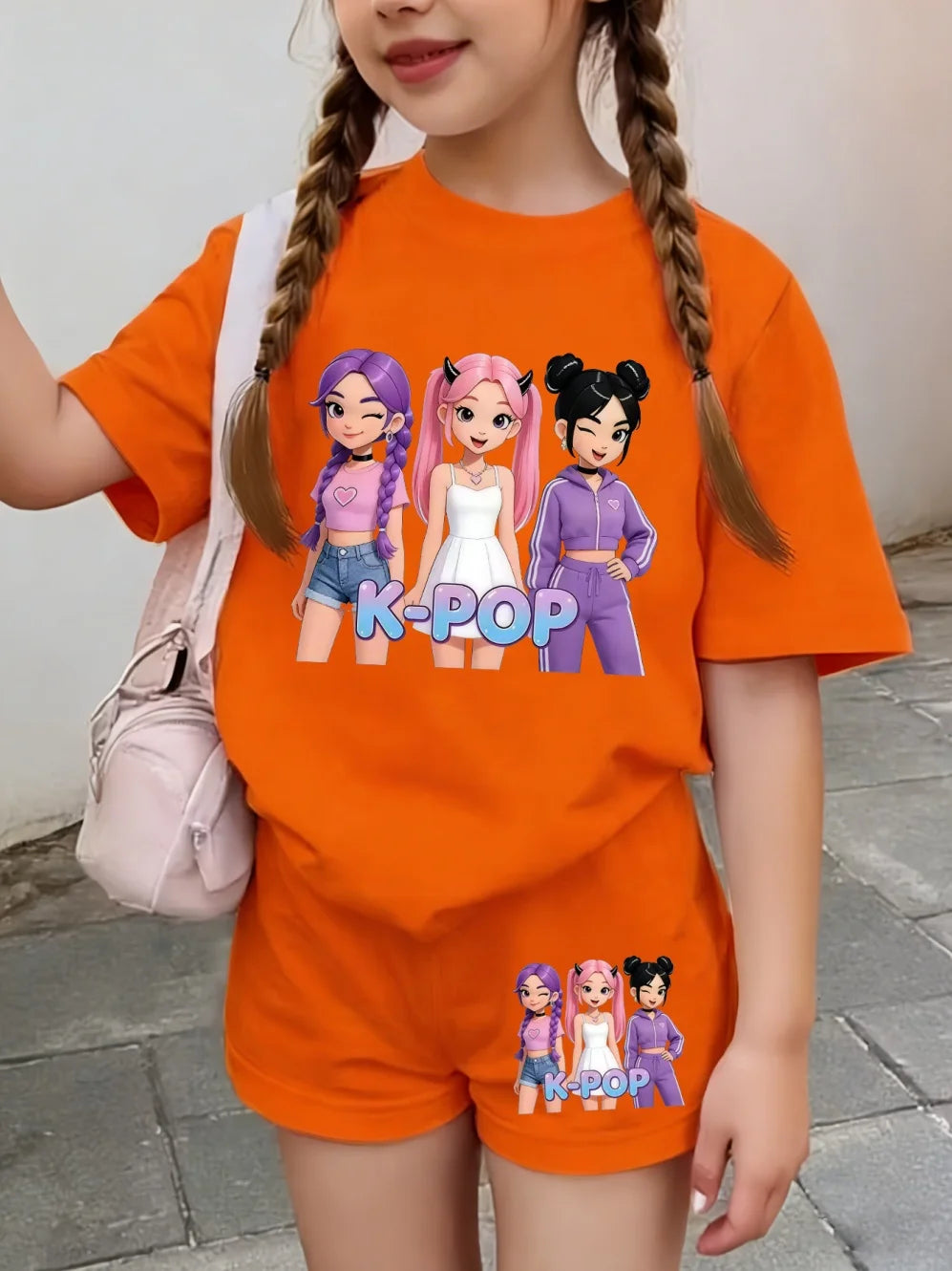 Summer Suit for Girl Fashion K-Pop Cartoon Girl Print Kids Set Outdoor Casual Streetwear Short Sleeves Teen Girl Clothes Suit