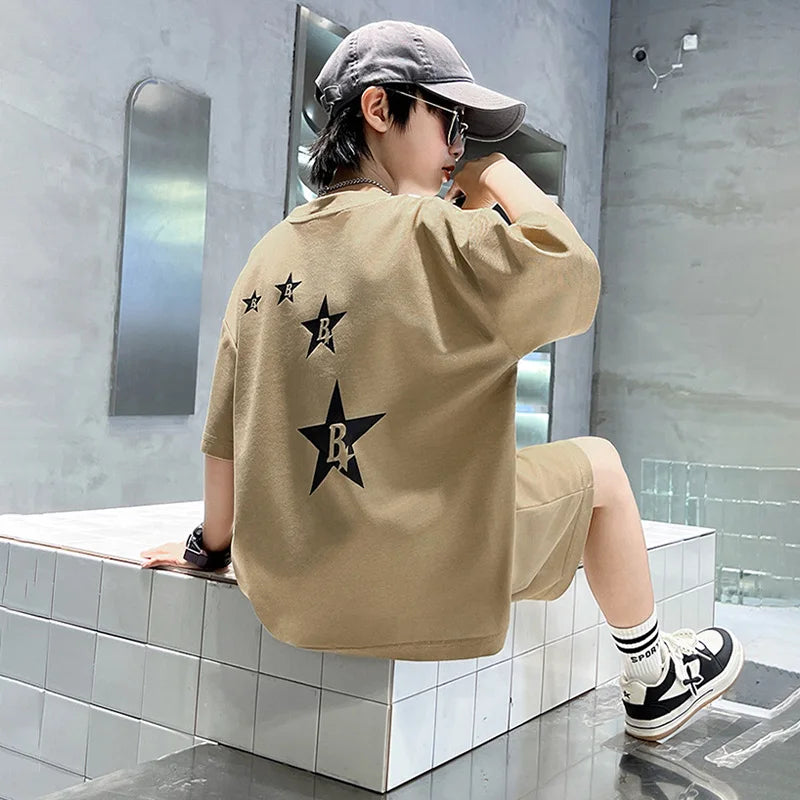 New Summer Teenager Boys Clothing Set Cotton Letter Short Sleeve T-shirt Shorts 2Pcs For 4-14 Years Kids Tracksuits Child Cloth