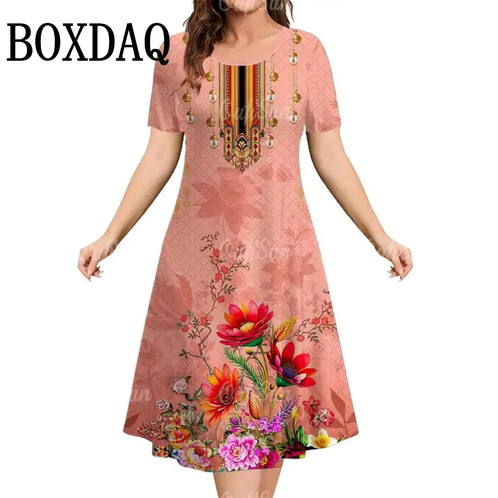 Summer Short Sleeve Clothing Colorful Print Women's Dresses 2025 Casual Fashion Plus Size Loose Pullover Elegant Dress For Woman